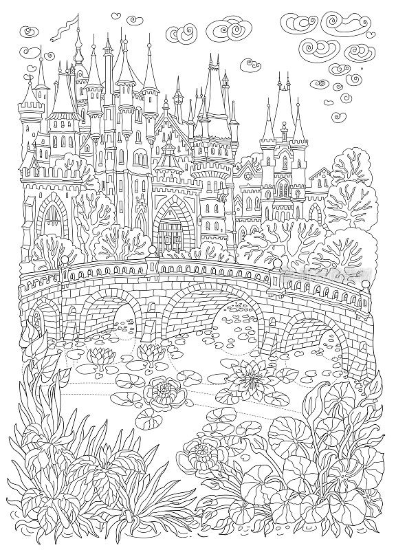 幻想的风景。童话般的中世纪城堡、石桥、湖泊、水草、莲花和鸢尾花。成人和儿童涂色书页