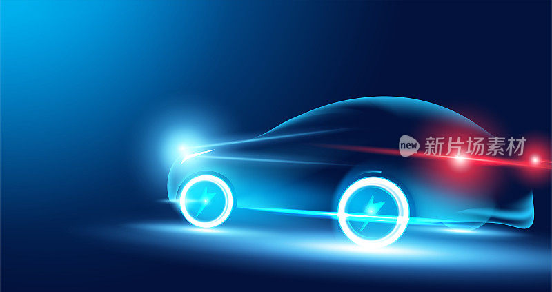 在插图中，电动汽车是由电能驱动的。未来的能源。在蓝色背景