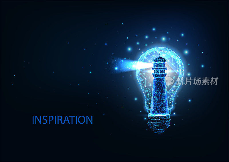 未来智能概念与发光低多边形灯塔内部灯泡孤立在深蓝色