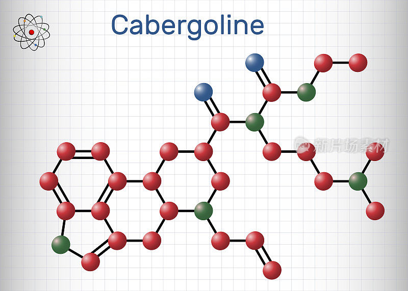 卡麦角林分子。它是药物，麦角衍生物，多巴胺受体，催乳素抑制剂。结构化学式和分子模型。一张纸在笼子里