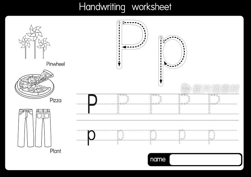 黑白矢量插图与字母P大写字母或大写字母的儿童学习练习ABC