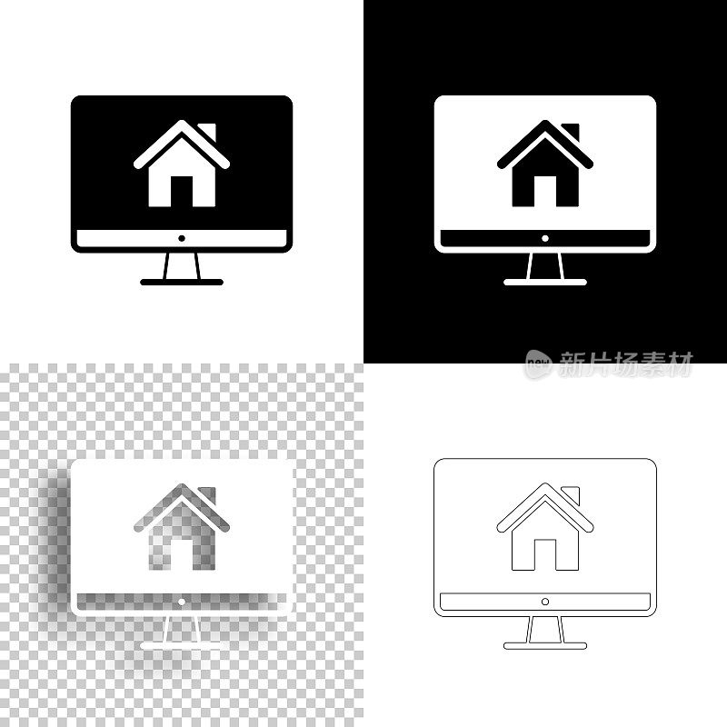 带智能家居的台式电脑。图标设计。空白，白色和黑色背景-线图标