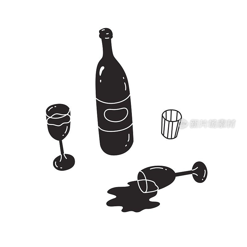 一瓶酒，酒杯，打翻一杯酒。节日桌上的饮料。含有酒精的黑白组合物。卡通风格的矢量插图。孤立。
