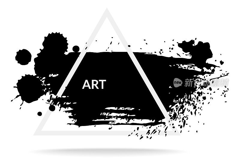 墨水污点。Grunge墨水黑色飞溅和污渍与白色三角形，抽象粗糙的纹理，装饰剪影与复制空间，背景与油漆飞溅矢量插图
