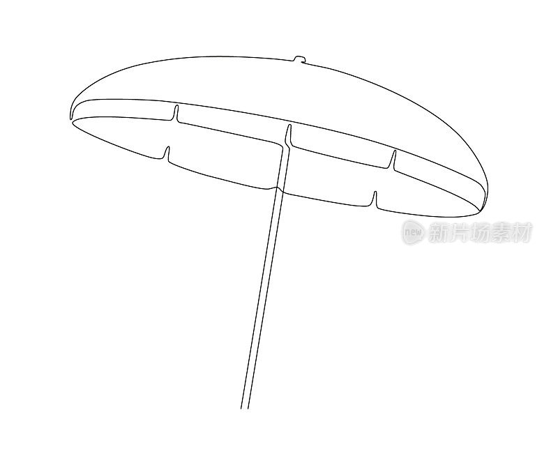 沙滩伞，暑假阳伞，连续画一条线。遮阳设备。夏天在海边放松。向量轮廓