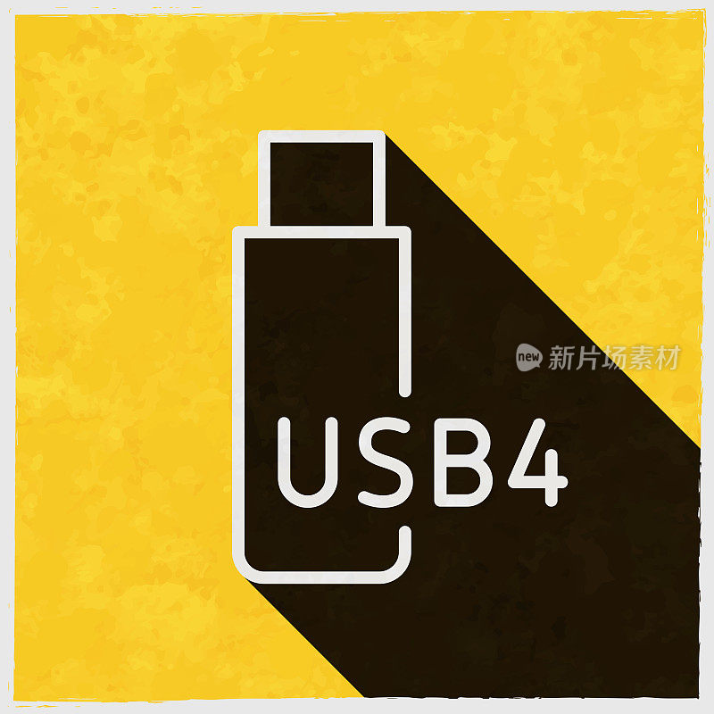 USB4闪存盘。图标与长阴影的纹理黄色背景