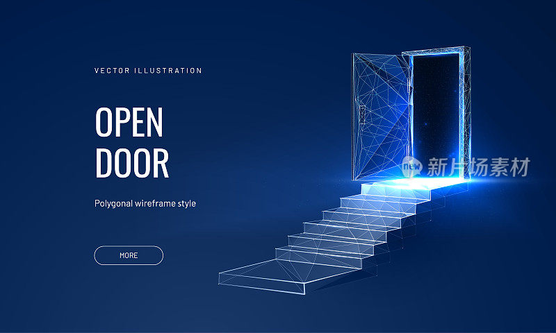 打开数字路径未来科幻概念的大门。技术门户在一个多边形线框发光的风格。蓝色背景上的矢量插图。