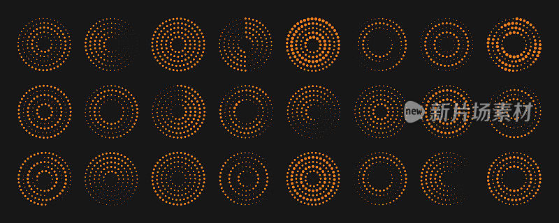 点循环模式。橙色圆形半色调圆点图案。螺旋网框架。一组漩涡抽象波纹元素。圆形图形纹理隔离在黑色背景上。向量