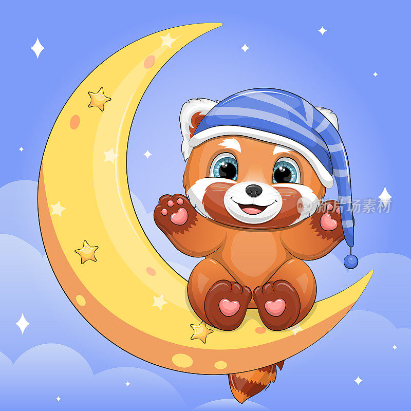 一只可爱的卡通小熊猫正戴着睡帽坐在月亮上。