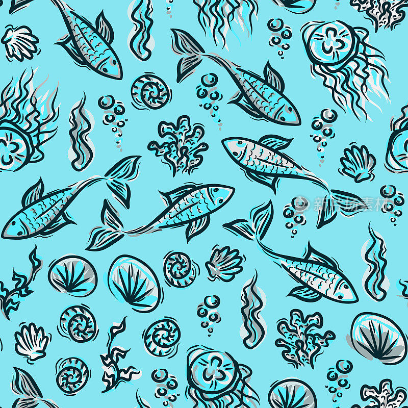 水下模式。鱼的海洋背景。海洋植物涂鸦纹理。儿童夏季面料图案设计。简单的素描背景鱼，水母，海藻，贝壳，珊瑚。