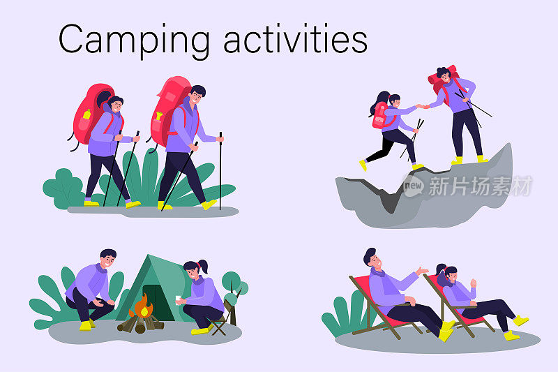 徒步旅行、篝火、露营、观星、露营、大自然中的娱乐、平面插画等各种露营活动概念。
