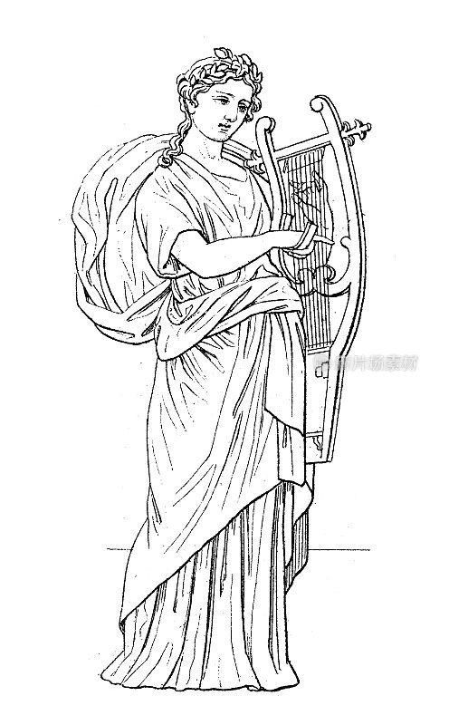 古董雕刻插画，文明:希腊和罗马的神和神话，缪斯Erato