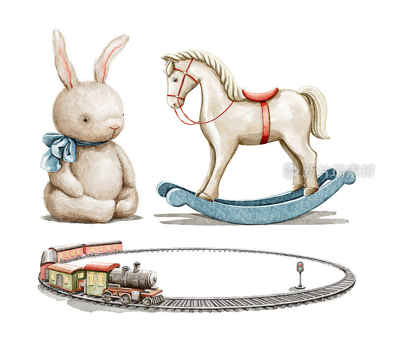 水彩复古卡通摇摆可爱的马玩具，儿童铁路和毛绒兔子