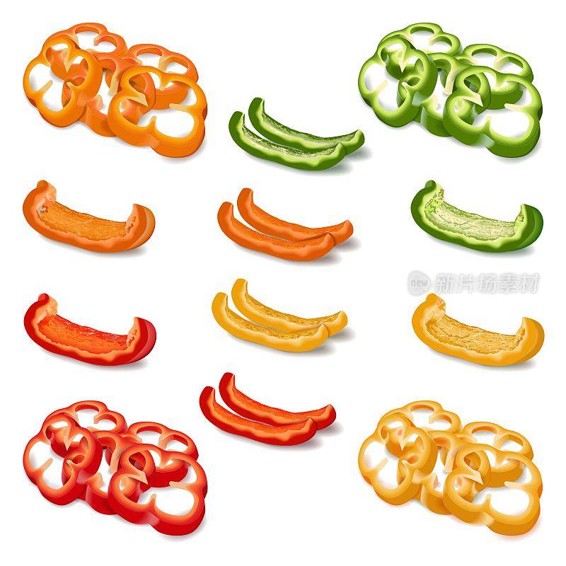 红色、绿色、黄色和橙色的甜椒各三根，分别用于横幅、传单、海报和社交媒体。甜椒片和甜椒片。蔬菜。矢量插图孤立在白色背景上