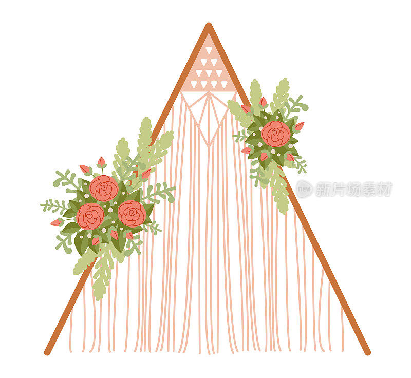 木制婚礼拱门与流苏和波西米亚花。新娘和新郎的嬉皮装饰。编织、玫瑰