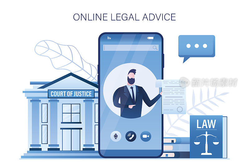 在线法律咨询服务。远程咨询。律师使用手机进行咨询。大智能手机，司法和法律应用。公证人的手机屏幕上有文件。