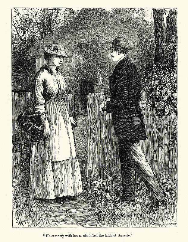 19世纪19世纪，年轻的维多利亚时代男女在一座传统的英国小屋门口交谈