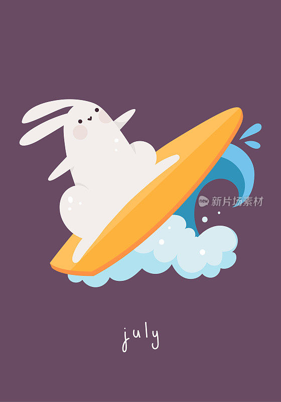 卡兔冲浪。可爱的兔子在大波浪上冲浪。月七月，暑假。