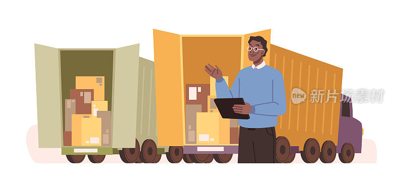 控制货物和产品的汽车运输的经理。装有客户的箱子和包裹的货车。国际物流。矢量平面卡通风格