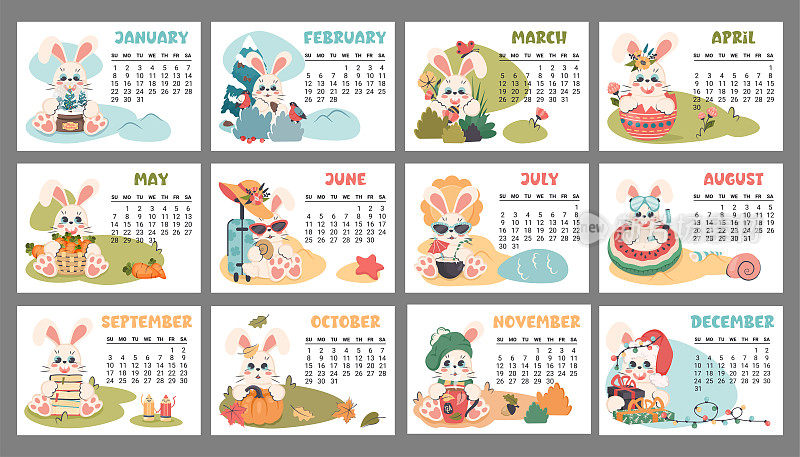 日历2023每个月。横向计划与可爱的兔子在不同的季节。卡通人物兔子作为新年的象征。一周从星期天开始。矢量平面插图