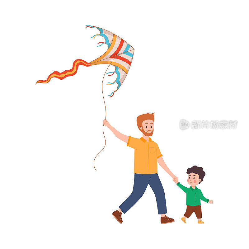 笑容满面的男孩牵着大胡子的爸爸的手，一家人走着放风筝的平架式
