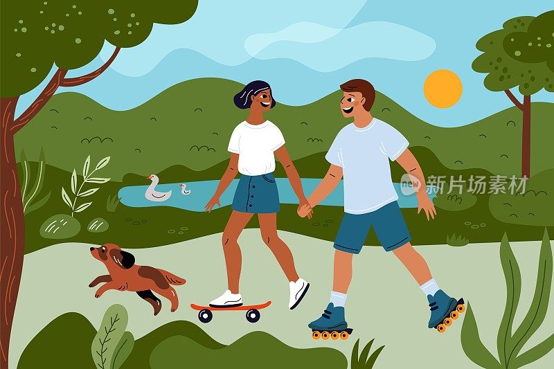 浪漫的情侣走在一起。快乐的人们带着狗玩滚轴和滑板。年轻的情侣们有趣的散步。公园散步。夏天的季节。假期在自然界中。花哨的向量概念