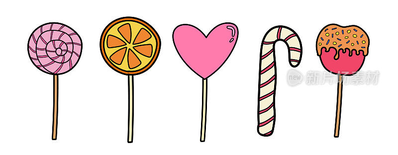 不同的棒棒糖涂鸦矢量插图孤立的白色背景。焦糖苹果棒，橙色棒棒糖，圣诞甘蔗，粉色螺旋草莓棒棒糖。万圣节的糖果。