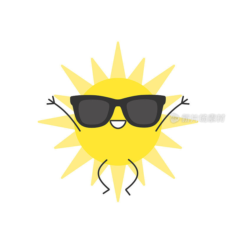 太阳可爱的人物卡通跳跃问候微笑的脸符号夏天温暖炎热的天气阳光欢快卡哇伊快乐快乐的情绪图标矢量插图。