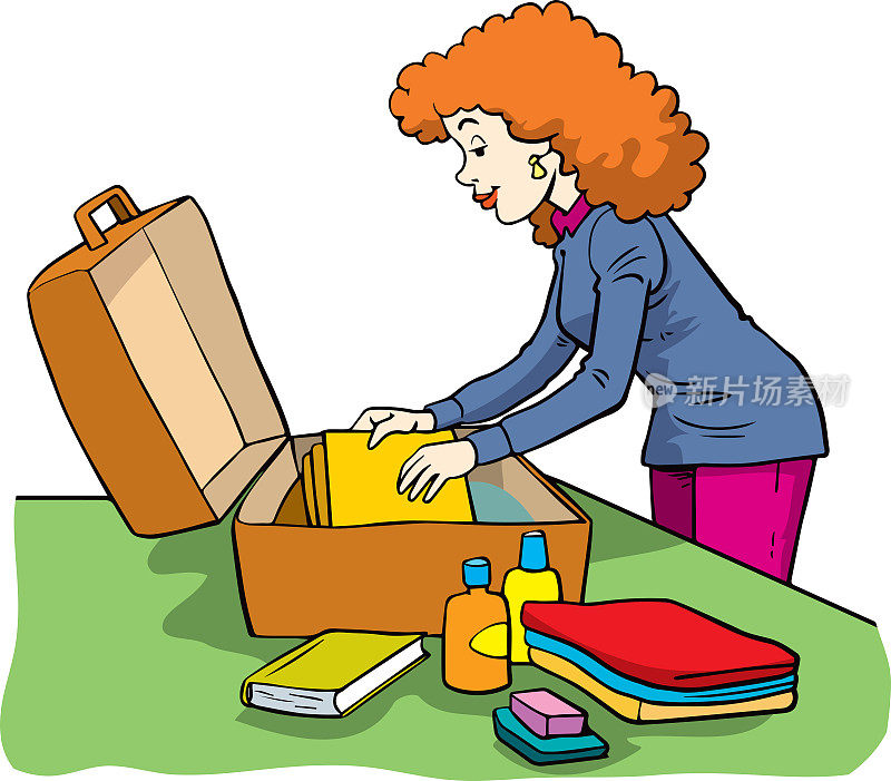 女子打包袋,矢量插图。快乐的年轻女子准备度假。