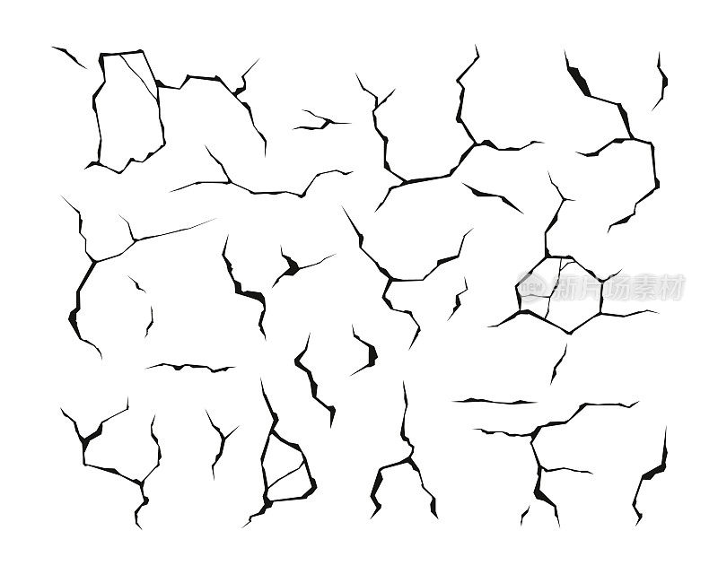 墙上的裂缝。地震造成地面分裂，破坏破坏粉碎，景观表面纹理被隔离在透明的背景上。向量组