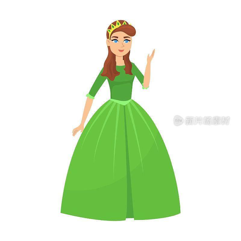 年轻美丽的公主与深色头发在绿色的连衣裙，卡通矢量插图。优雅的童话女人穿着彩色的服装和连衣裙