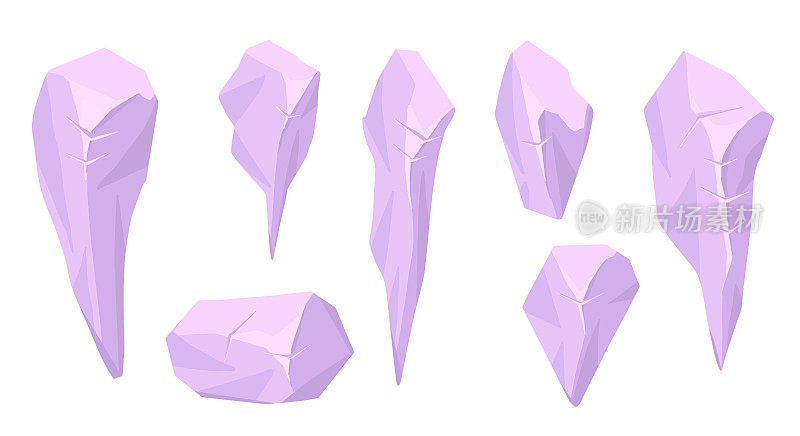 粉红紫水晶集合。石头的矢量2d插图。游戏的魔法装饰。