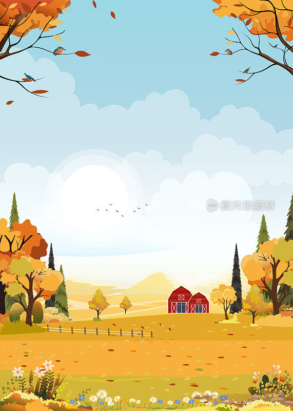秋天的农田景观与蓝天背景，地平线秋天季节在农村与多云的天空和太阳，山，草地在橙色的树叶，矢量垂直旗帜为秋天的背景