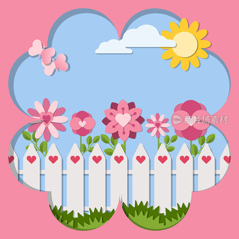 爱明信片剪纸矢量插图。白色的栅栏，粉红色的花和蝴蝶在蓝天上，太阳和白云的背景。