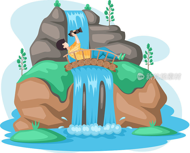 瀑布在山中自然景观公园。拍摄水流从山上流下的人