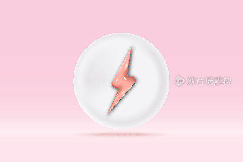 3d霹雳闪电闪电符号孤立的粉红色背景。现实的伏特，危险，闪电三维矢量渲染插图。