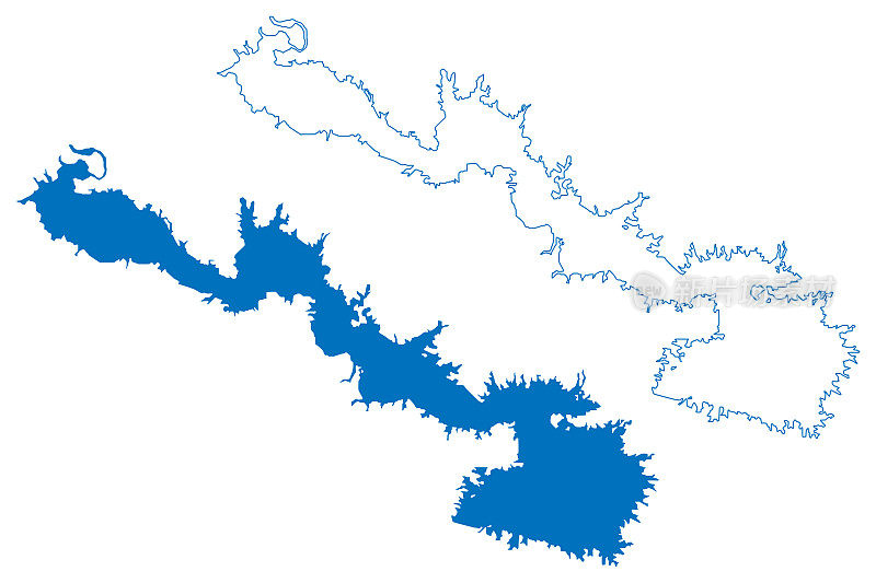 摩苏尔湖水库(伊拉克共和国)地图矢量插图，萨达姆大坝地图草图