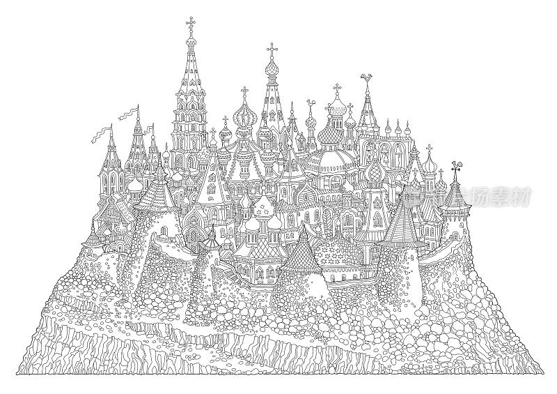 矢量卡通童话中世纪俄罗斯海岛城堡小镇。成人和儿童涂色书页