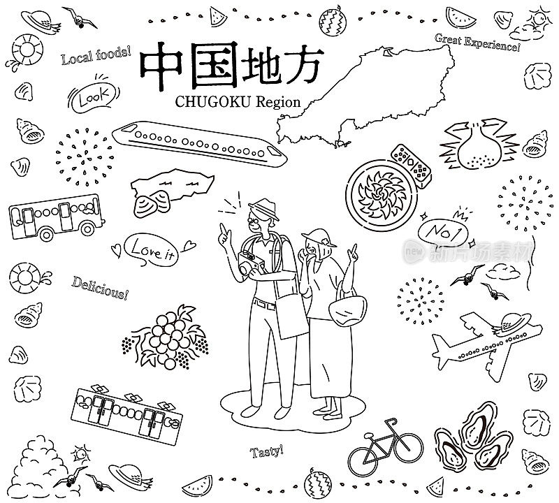 在日本Chugoku地区享受夏日美食观光的老年夫妇，图标套装(线条画黑白)