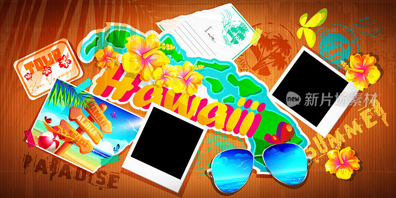 阿罗哈夏威夷热带假日概念卡通风格。来自夏威夷的明信片，带有热带贴纸和快速打印照片的纸板复古背景的文字空间。