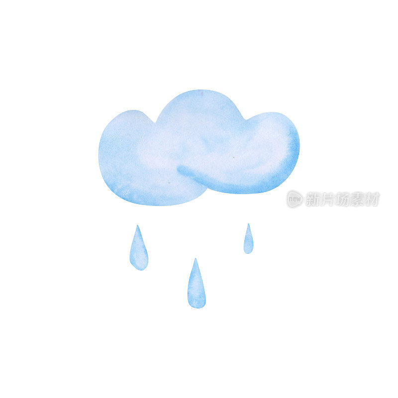 水彩云和水滴。白色背景上的雨的图标。手绘雨天插图。Cloudscape剪纸艺术。气象学打印。蓝色的云和雨滴。可爱的艺术。