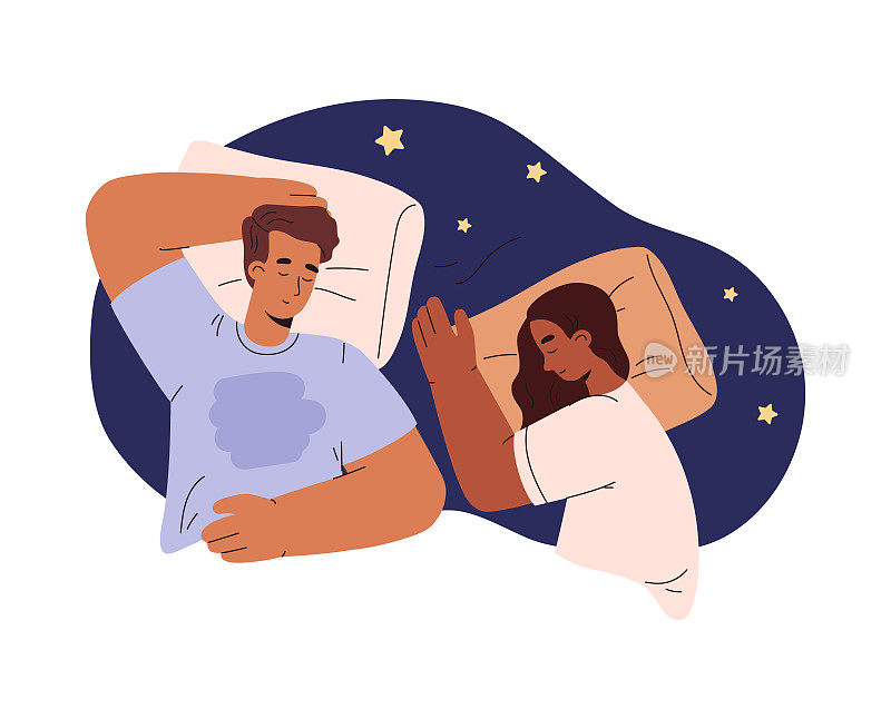 夫妻一起睡在床上，平面矢量插图孤立在白色背景上。