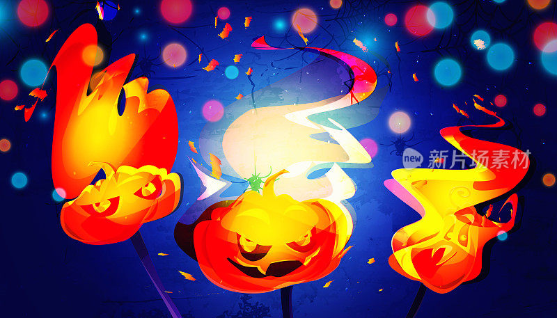 卡通风格的万圣节概念。可怕的燃烧南瓜在抽象的彩色垃圾背景与蜘蛛和散景效果。