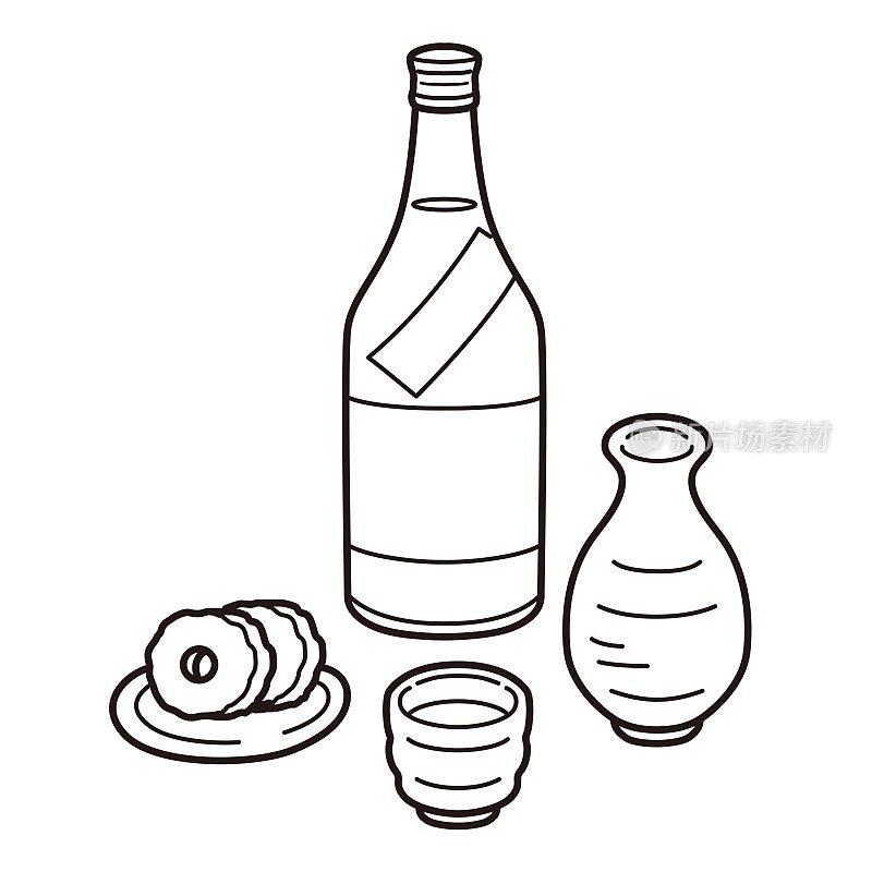 清酒和烤鱼的插图(线条画)