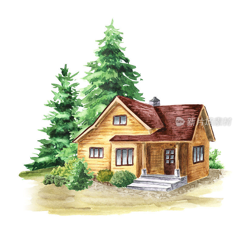 舒适的乡村小屋靠近森林，林地。手绘水彩插图，孤立在白色背景上