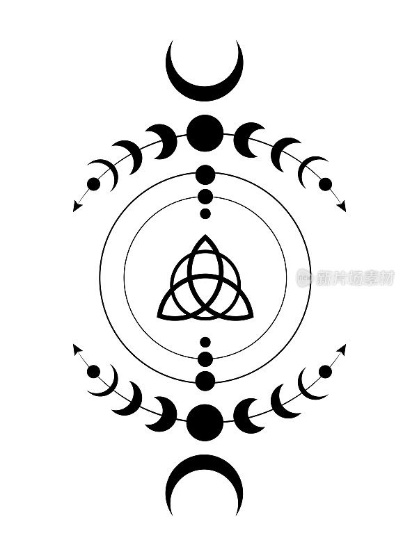神秘的月相巫术框架边界。神圣的几何学。标志，巫术三重女神符号，能量圈，黑色纹身波西米亚风格矢量隔离在白色背景