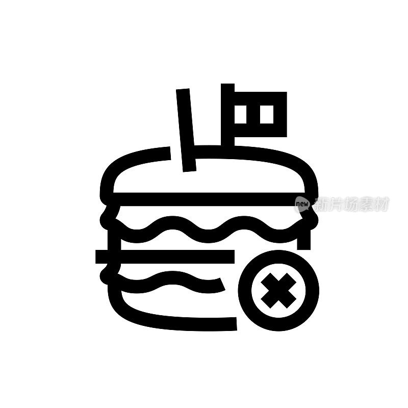 禁止快餐线图标，设计，像素完美，可编辑笔触。标志、标志、符号。汉堡，汉堡，牛肉，奶酪，节食。