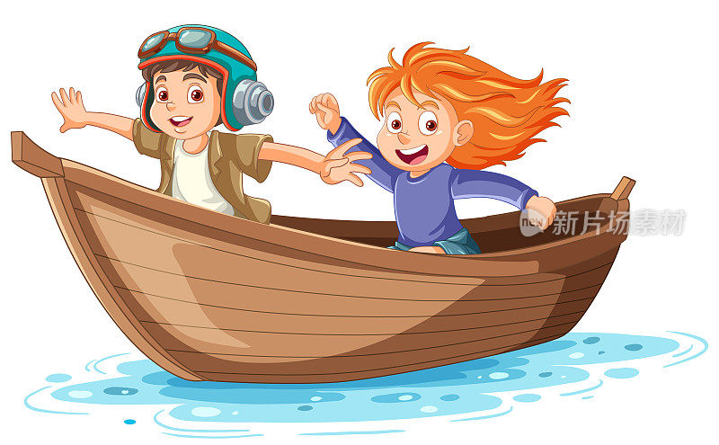 两个孩子在木船上