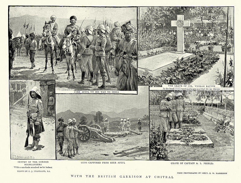 19世纪90年代，英国驻军在巴基斯坦吉德拉尔的场景，士兵，大炮，威格拉姆・巴特耶上校的坟墓，19世纪90年代