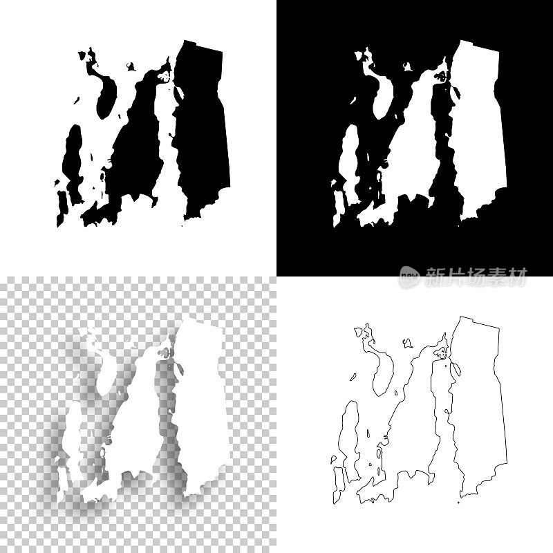 罗德岛的纽波特县。设计地图。空白，白色和黑色背景